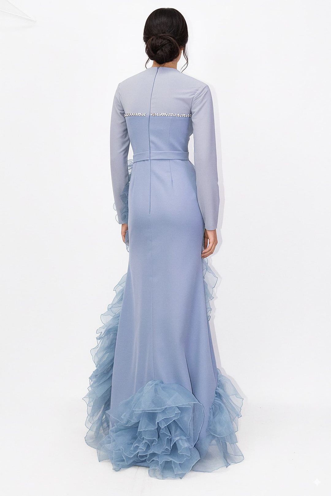 long-sleeve gown with crystal trim and tiered ruffle skirt – AZEIRA