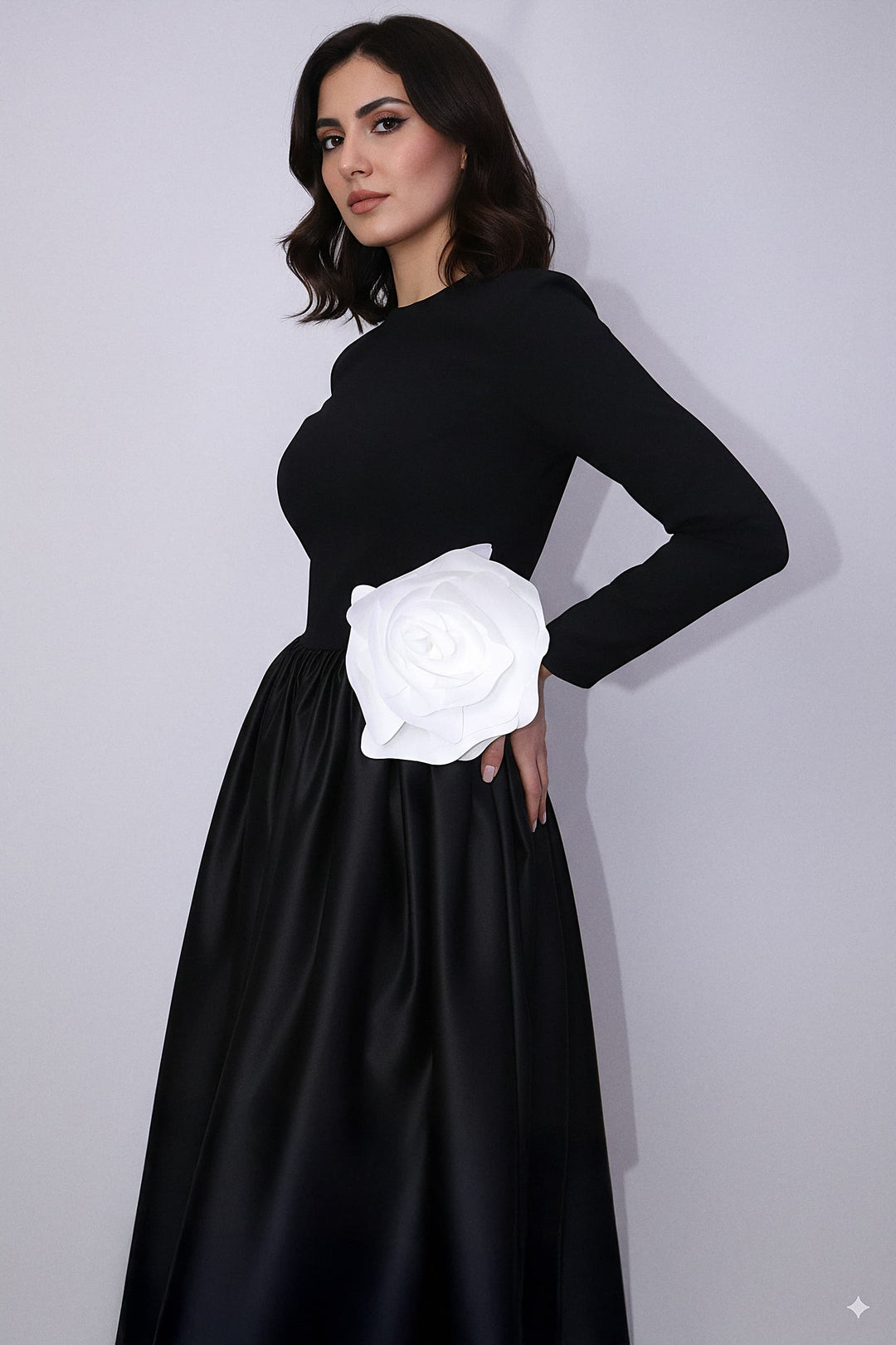 long-sleeve satin gown with oversized flower accent – MIREN