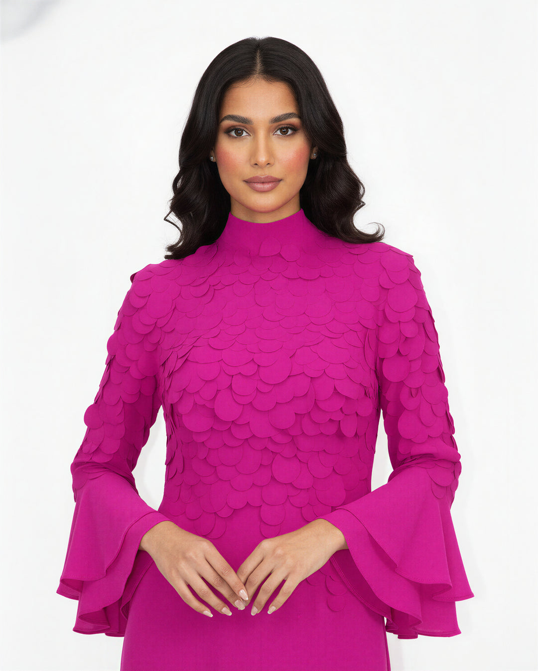 scalloped-texture long-sleeve gown with flared cuffs – AMARA
