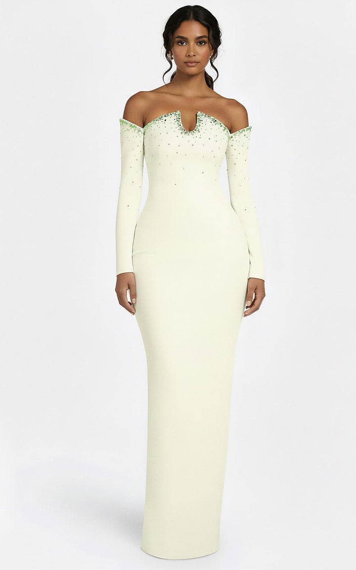 off-shoulder column gown with crystal-trimmed neckline – EMEDA-1