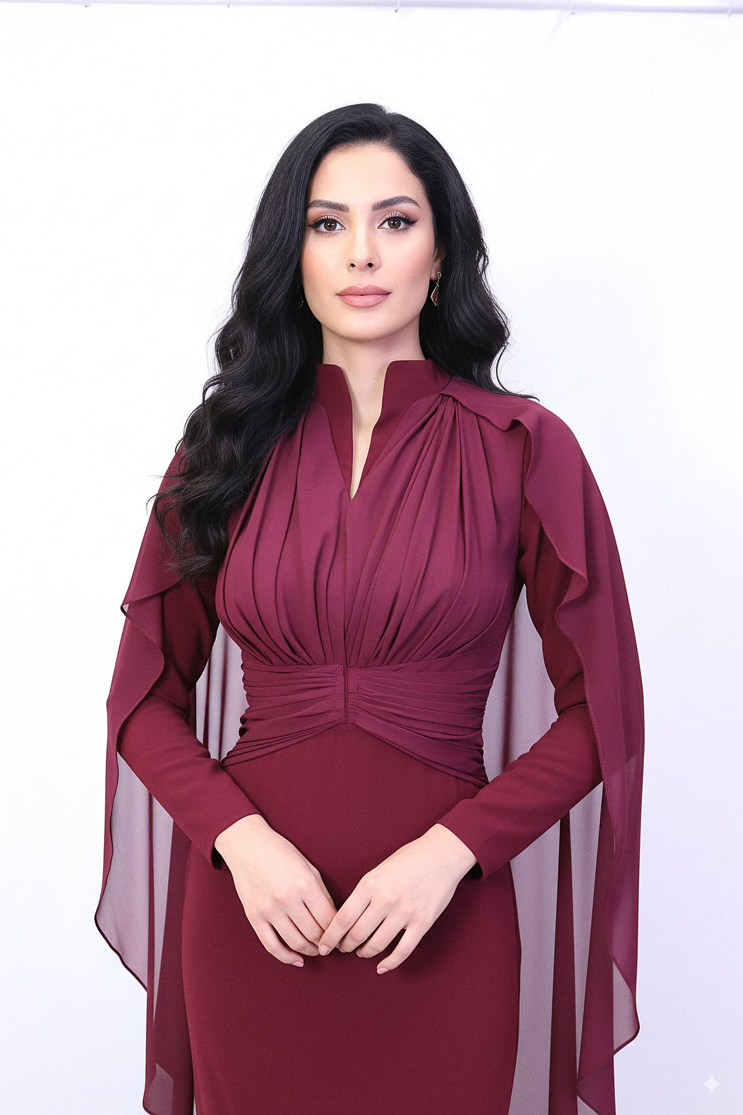 draped high-neck gown with chiffon cape sleeves – MERLOT