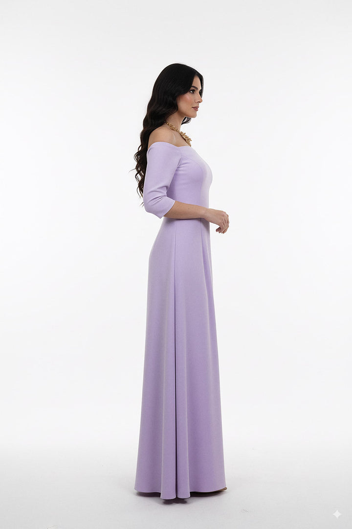 off-shoulder lilac gown with fitted bodice – AMILYA