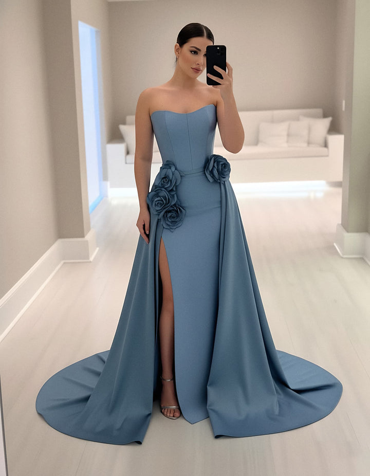 Strapless A-line gown with floral appliqué and front slit – AZURE-1