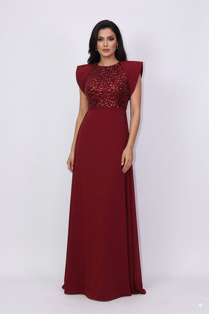 sleeveless gown with sequined bodice and structured cape shoulders – RELYE