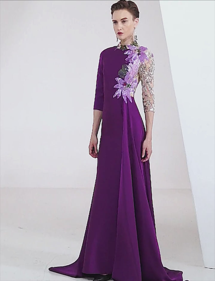 فستان سهرة مطرز بأكمام من الترتر اللامع – ثومري