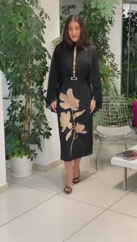 belted midi dress with sheer cape sleeves and floral motif – NOCTURNE