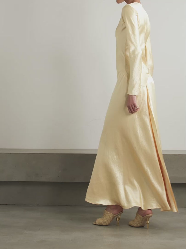 satin long-sleeve gown with flared hem – SOLDEEN