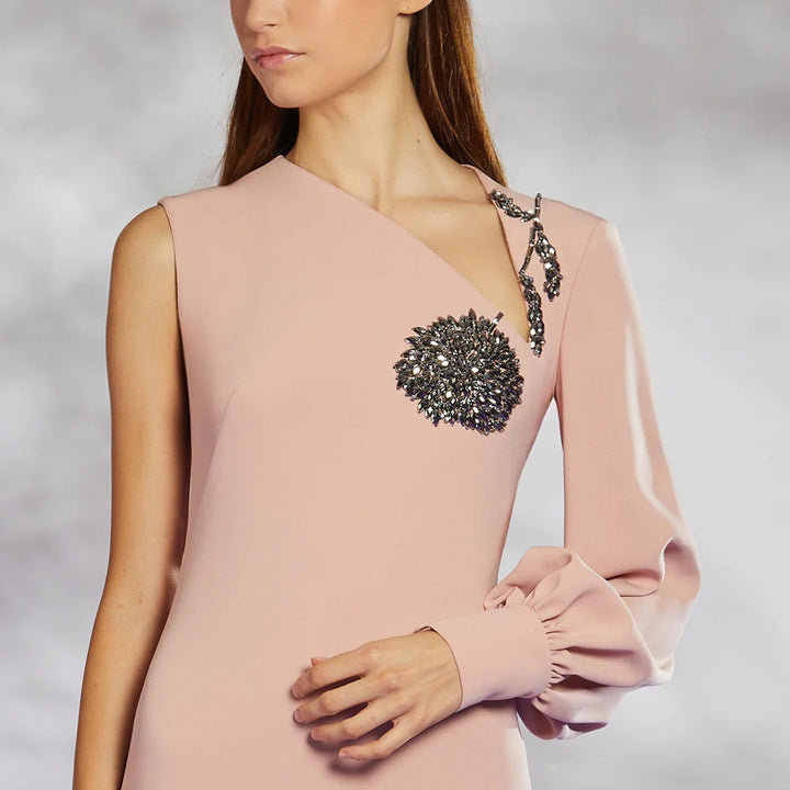 asymmetric gown with embellished floral motif – RAWAN