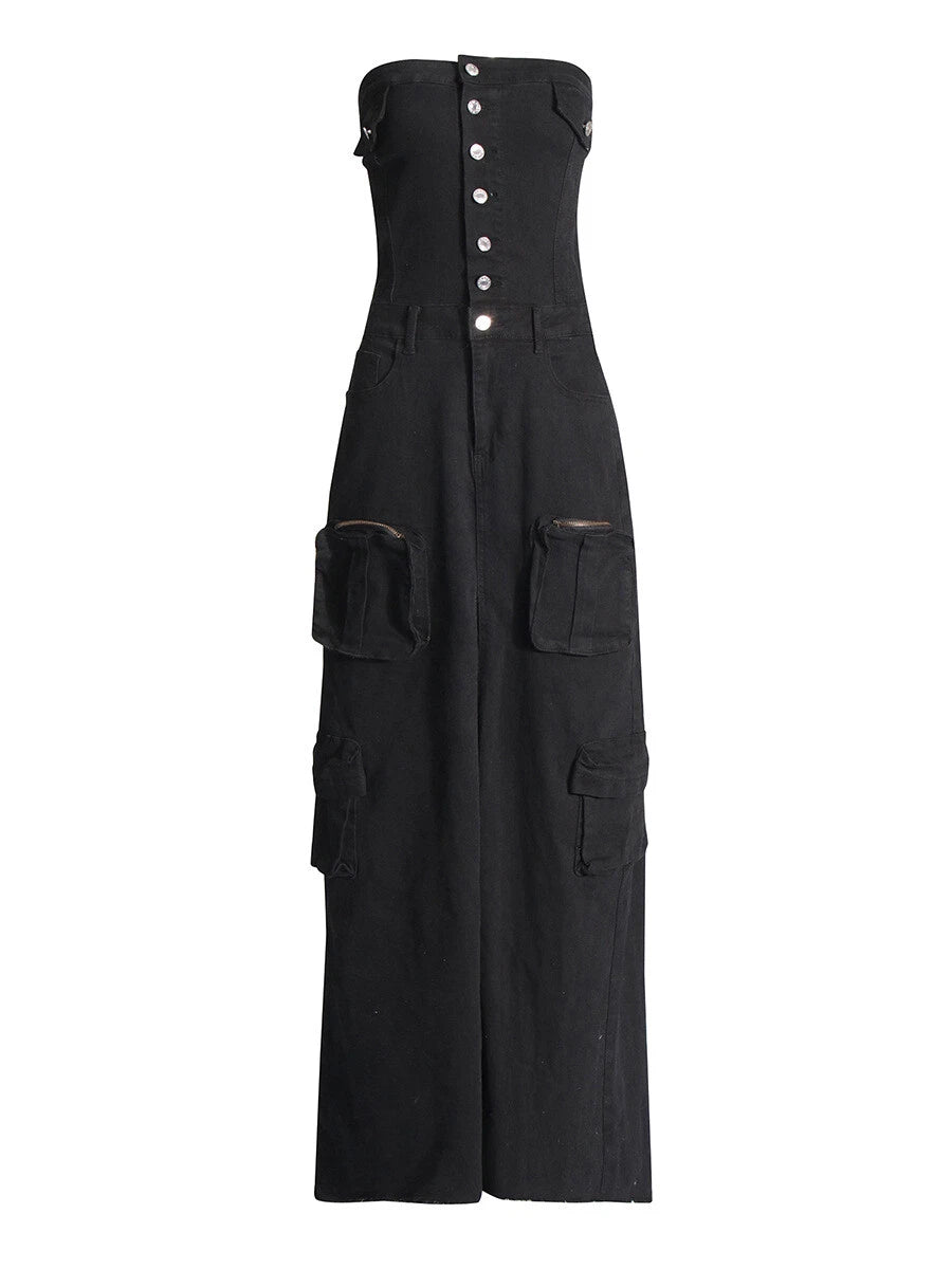 فستان ماكسي جينز بدون حمالات مع جيوب واسعة – رايلي