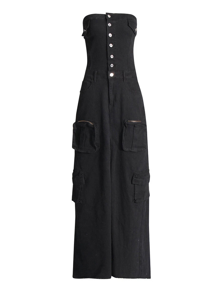 فستان ماكسي جينز بدون حمالات مع جيوب واسعة – رايلي