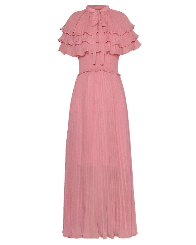 pleated chiffon gown with layered ruffle cape - MAELLE