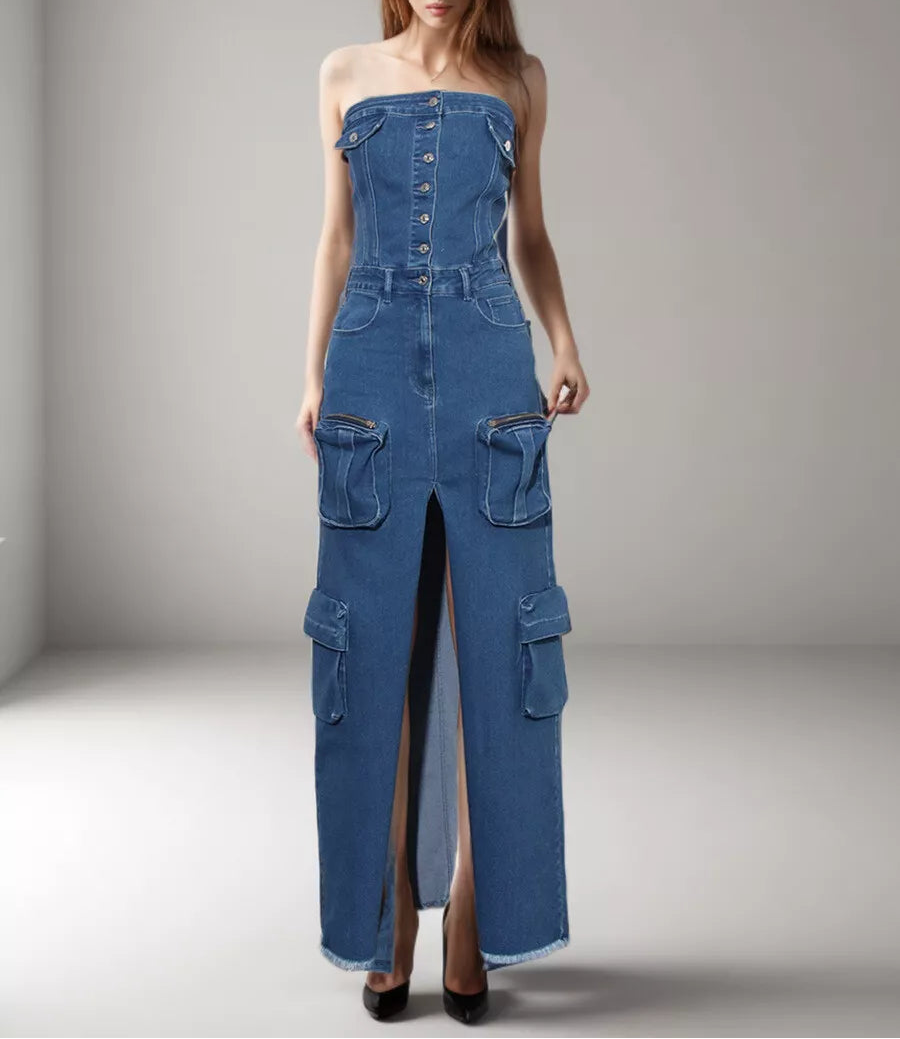 فستان ماكسي جينز بدون حمالات مع جيوب واسعة – رايلي