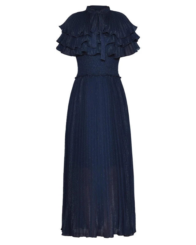 pleated chiffon gown with layered ruffle cape - MAELLE