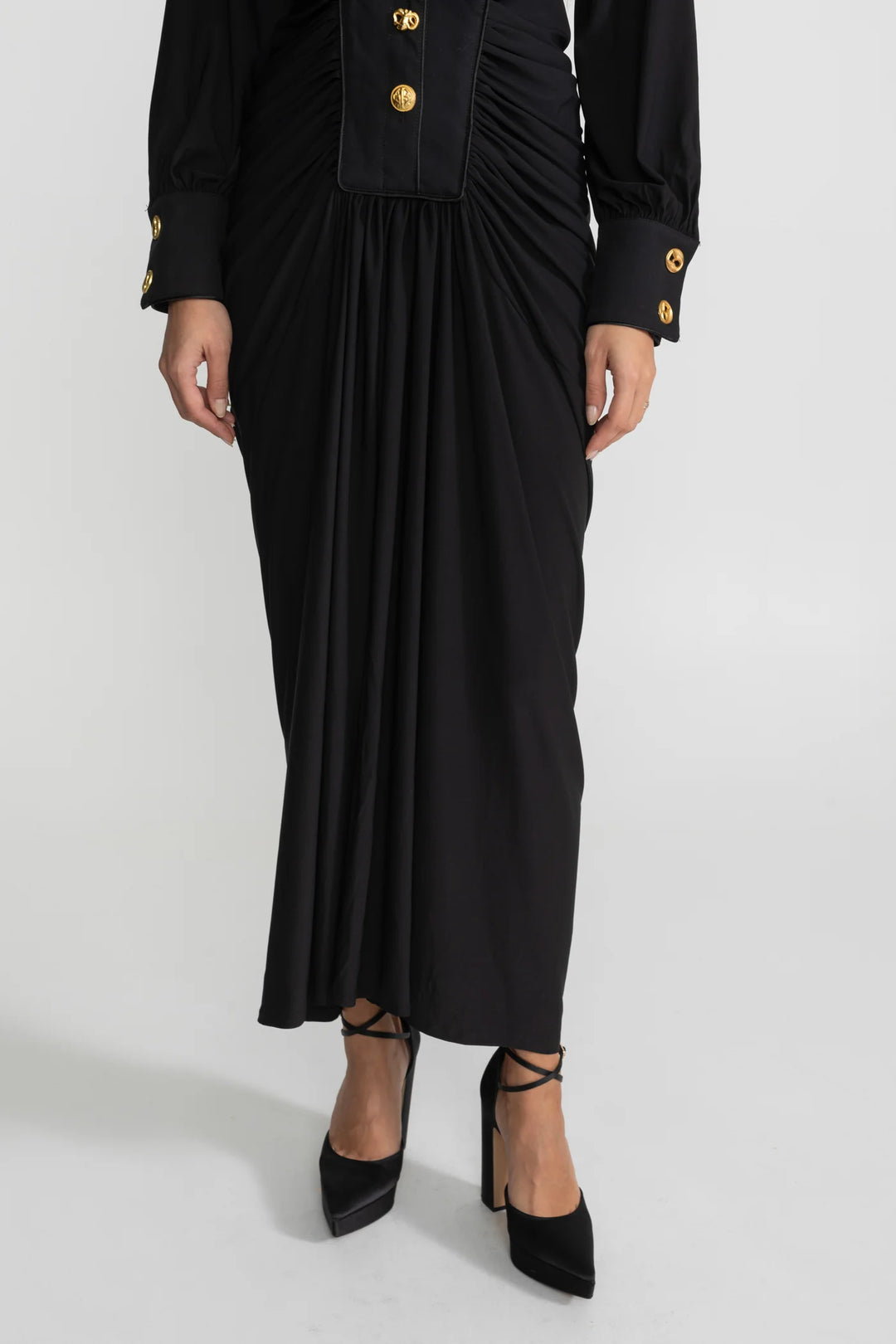 structured ruched maxi dress with gold accents – AURELIA