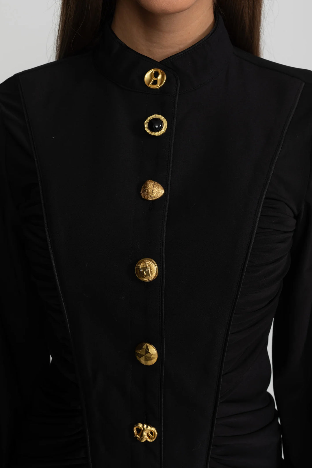 structured ruched maxi dress with gold accents – AURELIA