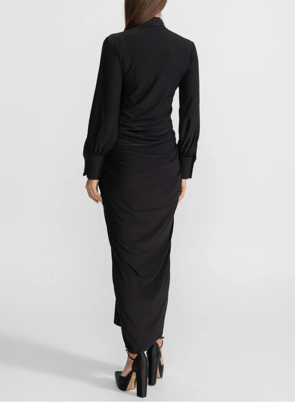 structured ruched maxi dress with gold accents – AURELIA