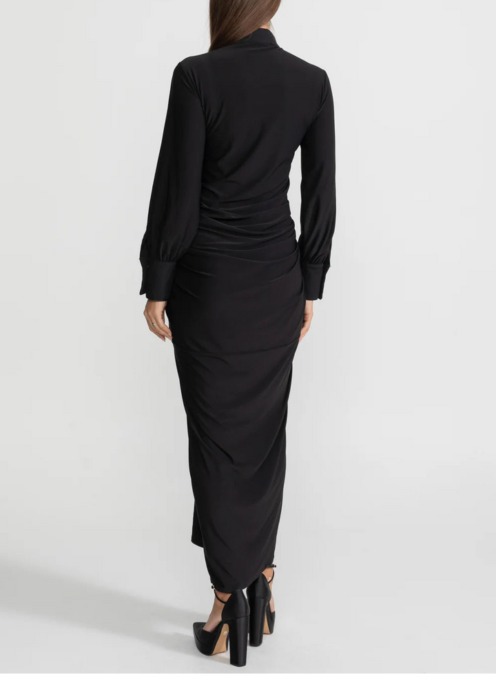 structured ruched maxi dress with gold accents – AURELIA