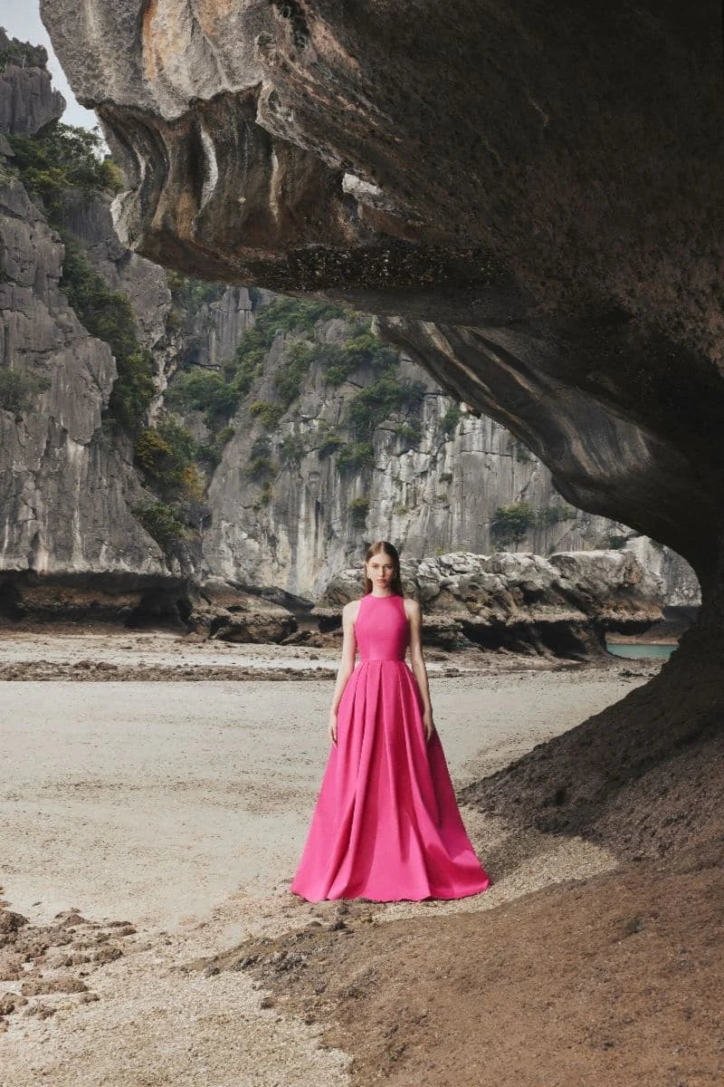 فستان سهرة مطوي بدون أكمام - فوشيا