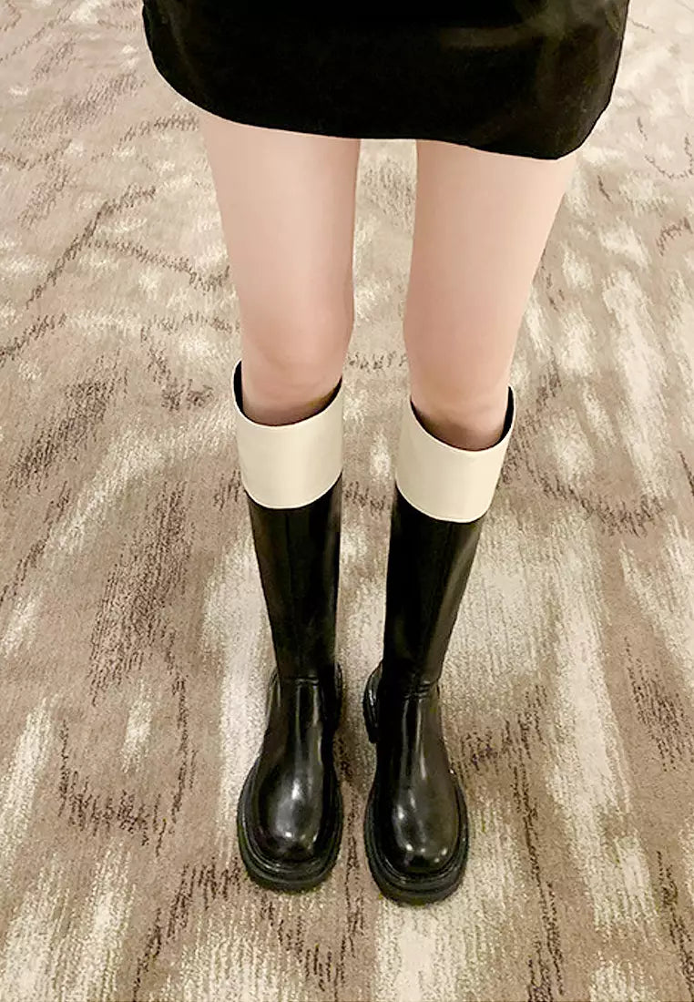 Two-tone knee-high leather boots with side buckle - ALORAZO