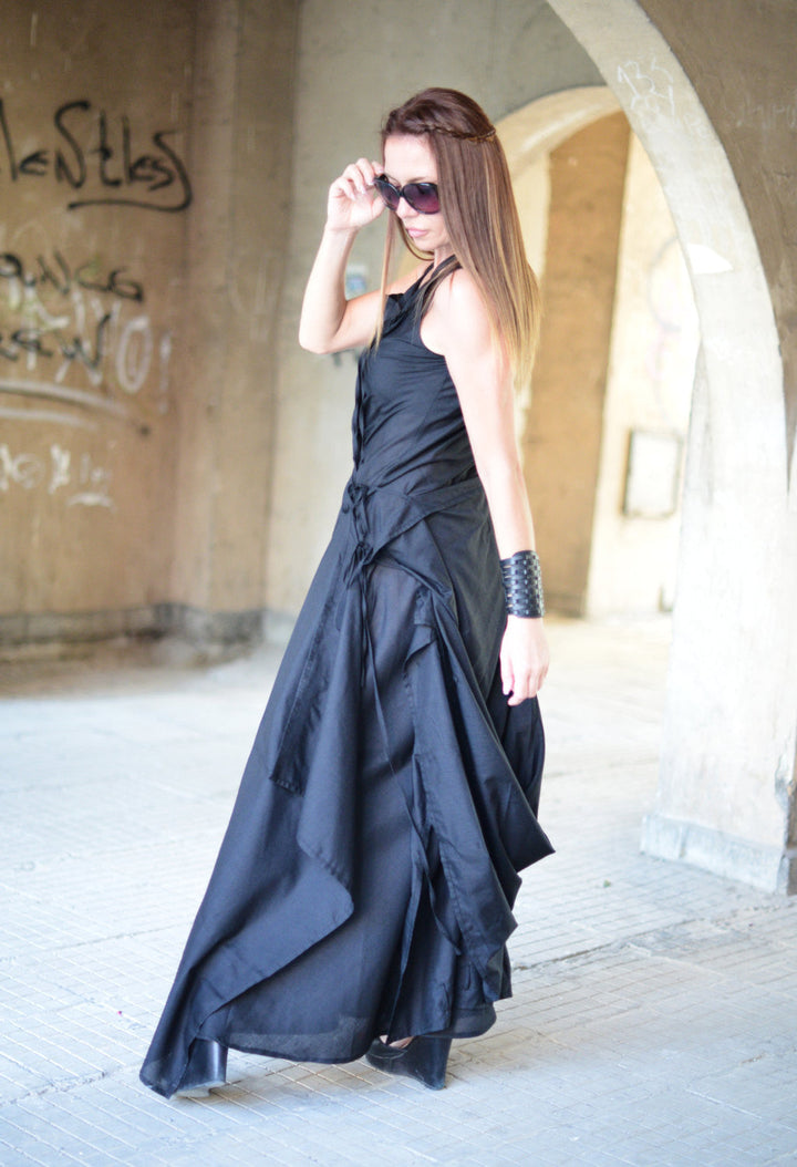 فستان القطن الصيفي الأسود الطويل