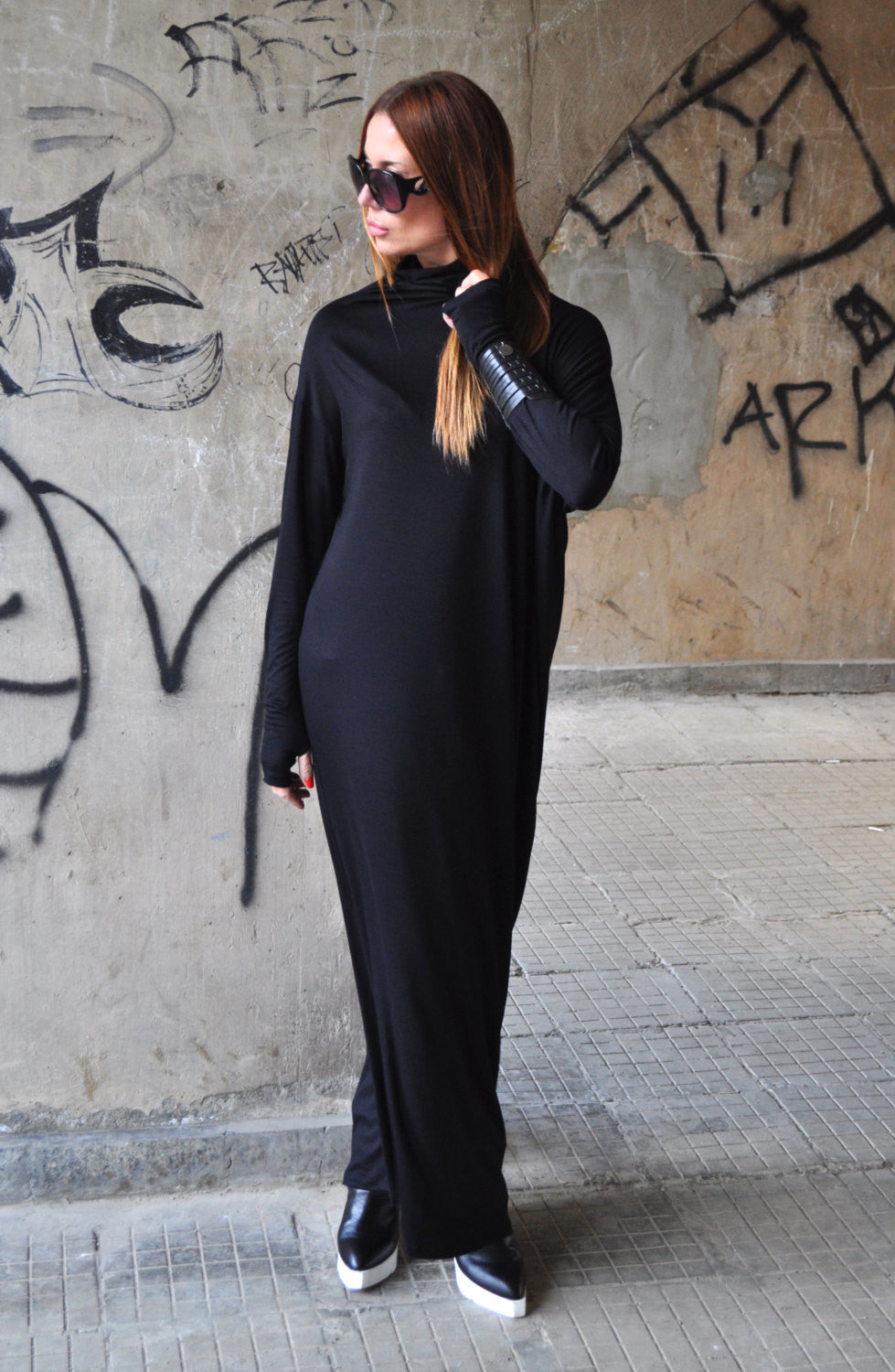 Black Turtleneck Jersey Maxi Dress