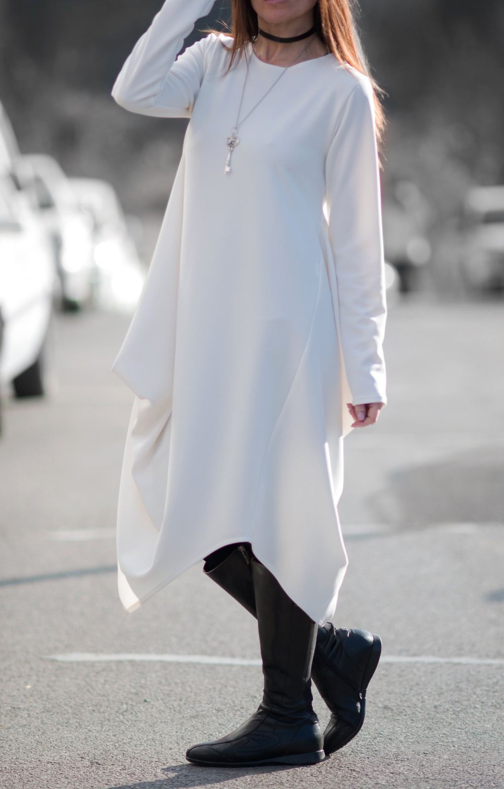 الخريف الشتاء قبالة فستان أبيض بأكمام طويلة