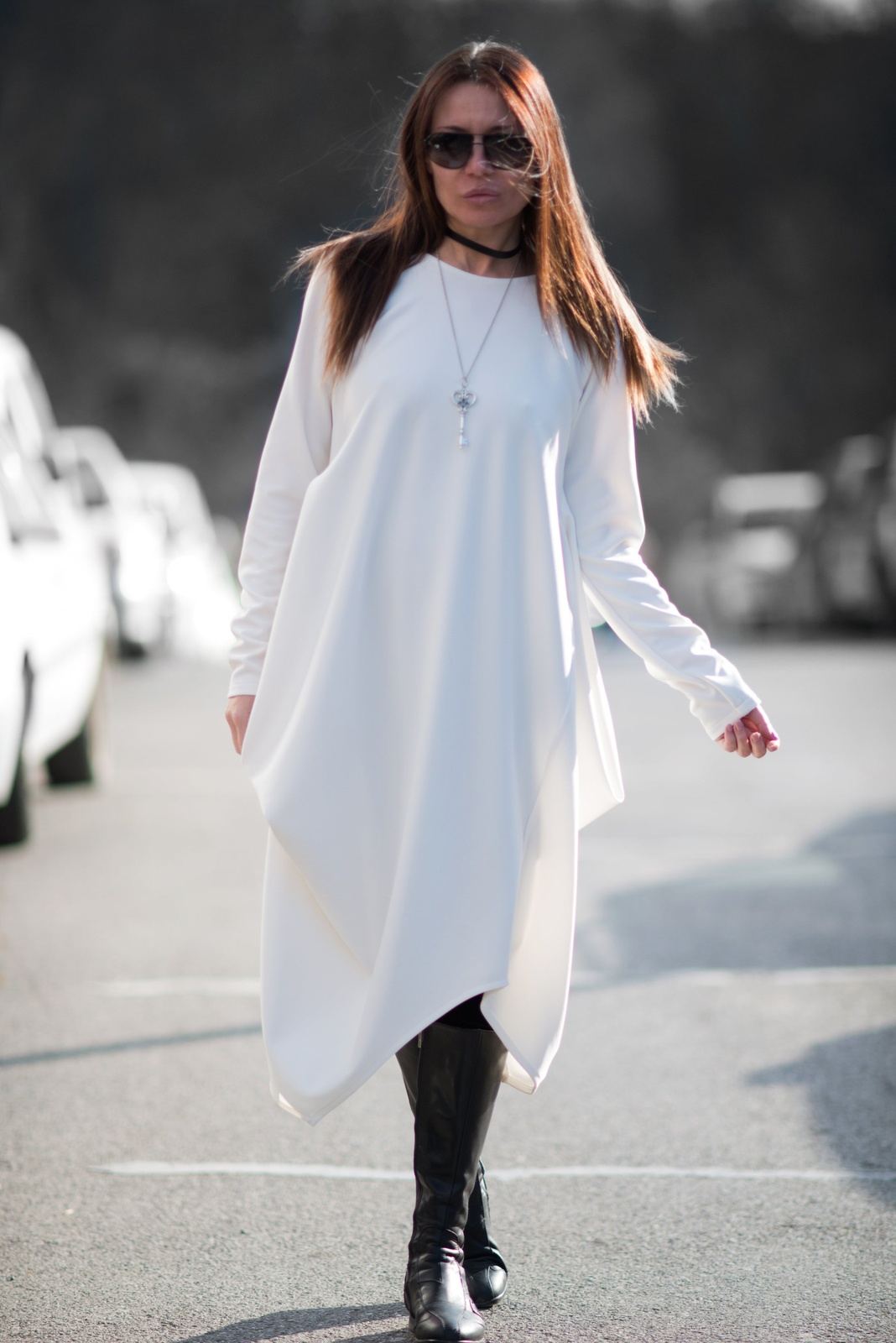 Autumn Winter off White Dress with Long Sleeves